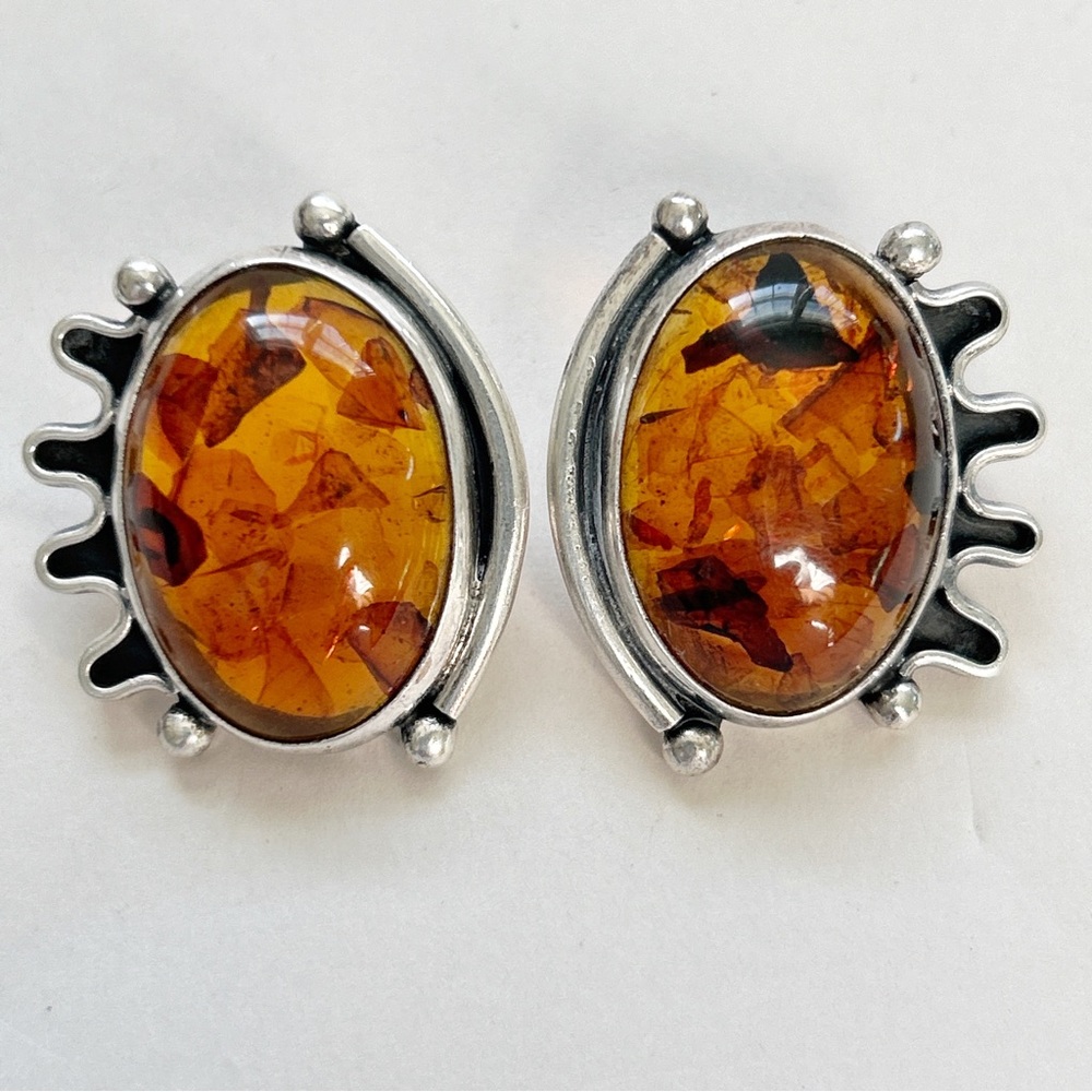 Vintage Mod Amber Sterling Silver Earrings
